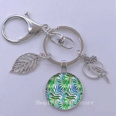 Πράσινα Τροπικά Φύλλα Γυάλινο Κρεμαστό Μπρελόκ Τροπικά Πράσινα Φυτά Φύλλα Γυαλί Cabochon Μπρελόκ Bird Hollow Leaves Μπρελόκ