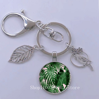 Πράσινα Τροπικά Φύλλα Γυάλινο Κρεμαστό Μπρελόκ Τροπικά Πράσινα Φυτά Φύλλα Γυαλί Cabochon Μπρελόκ Bird Hollow Leaves Μπρελόκ