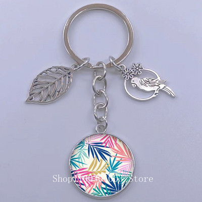 Πράσινα Τροπικά Φύλλα Γυάλινο Κρεμαστό Μπρελόκ Τροπικά Πράσινα Φυτά Φύλλα Γυαλί Cabochon Μπρελόκ Bird Hollow Leaves Μπρελόκ