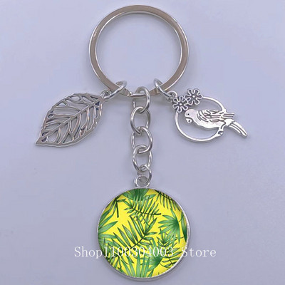 Πράσινα Τροπικά Φύλλα Γυάλινο Κρεμαστό Μπρελόκ Τροπικά Πράσινα Φυτά Φύλλα Γυαλί Cabochon Μπρελόκ Bird Hollow Leaves Μπρελόκ