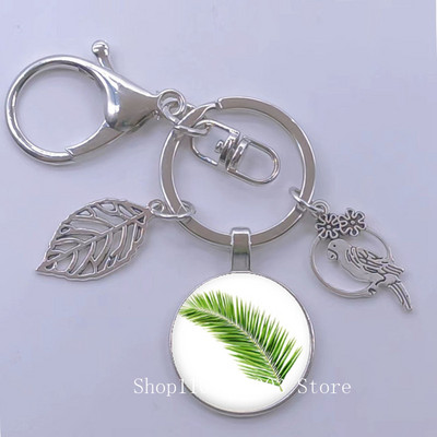 Πράσινα Τροπικά Φύλλα Γυάλινο Κρεμαστό Μπρελόκ Τροπικά Πράσινα Φυτά Φύλλα Γυαλί Cabochon Μπρελόκ Bird Hollow Leaves Μπρελόκ