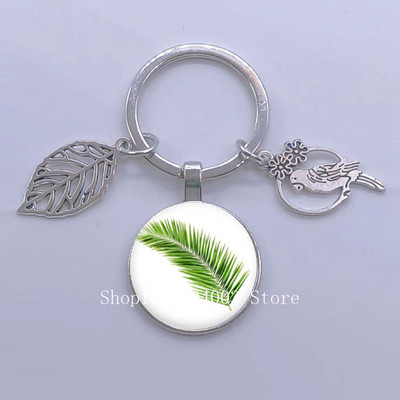 Πράσινα Τροπικά Φύλλα Γυάλινο Κρεμαστό Μπρελόκ Τροπικά Πράσινα Φυτά Φύλλα Γυαλί Cabochon Μπρελόκ Bird Hollow Leaves Μπρελόκ