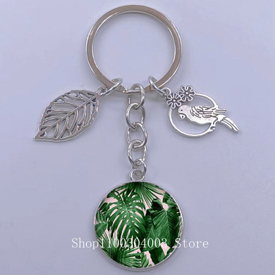 Πράσινα Τροπικά Φύλλα Γυάλινο Κρεμαστό Μπρελόκ Τροπικά Πράσινα Φυτά Φύλλα Γυαλί Cabochon Μπρελόκ Bird Hollow Leaves Μπρελόκ