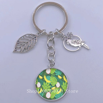 Πράσινα Τροπικά Φύλλα Γυάλινο Κρεμαστό Μπρελόκ Τροπικά Πράσινα Φυτά Φύλλα Γυαλί Cabochon Μπρελόκ Bird Hollow Leaves Μπρελόκ