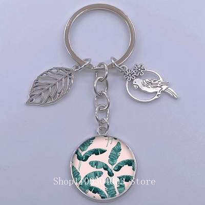 Πράσινα Τροπικά Φύλλα Γυάλινο Κρεμαστό Μπρελόκ Τροπικά Πράσινα Φυτά Φύλλα Γυαλί Cabochon Μπρελόκ Bird Hollow Leaves Μπρελόκ