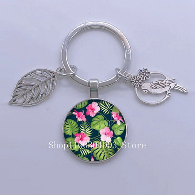 Πράσινα Τροπικά Φύλλα Γυάλινο Κρεμαστό Μπρελόκ Τροπικά Πράσινα Φυτά Φύλλα Γυαλί Cabochon Μπρελόκ Bird Hollow Leaves Μπρελόκ