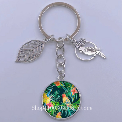 Πράσινα Τροπικά Φύλλα Γυάλινο Κρεμαστό Μπρελόκ Τροπικά Πράσινα Φυτά Φύλλα Γυαλί Cabochon Μπρελόκ Bird Hollow Leaves Μπρελόκ