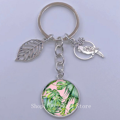 Πράσινα Τροπικά Φύλλα Γυάλινο Κρεμαστό Μπρελόκ Τροπικά Πράσινα Φυτά Φύλλα Γυαλί Cabochon Μπρελόκ Bird Hollow Leaves Μπρελόκ