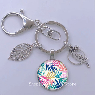 Πράσινα Τροπικά Φύλλα Γυάλινο Κρεμαστό Μπρελόκ Τροπικά Πράσινα Φυτά Φύλλα Γυαλί Cabochon Μπρελόκ Bird Hollow Leaves Μπρελόκ