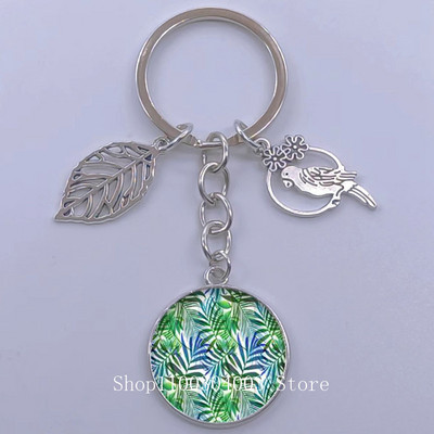 Πράσινα Τροπικά Φύλλα Γυάλινο Κρεμαστό Μπρελόκ Τροπικά Πράσινα Φυτά Φύλλα Γυαλί Cabochon Μπρελόκ Bird Hollow Leaves Μπρελόκ