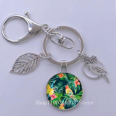 Πράσινα Τροπικά Φύλλα Γυάλινο Κρεμαστό Μπρελόκ Τροπικά Πράσινα Φυτά Φύλλα Γυαλί Cabochon Μπρελόκ Bird Hollow Leaves Μπρελόκ