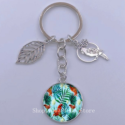 Πράσινα Τροπικά Φύλλα Γυάλινο Κρεμαστό Μπρελόκ Τροπικά Πράσινα Φυτά Φύλλα Γυαλί Cabochon Μπρελόκ Bird Hollow Leaves Μπρελόκ