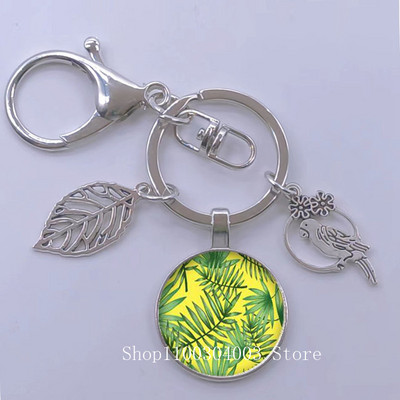 Πράσινα Τροπικά Φύλλα Γυάλινο Κρεμαστό Μπρελόκ Τροπικά Πράσινα Φυτά Φύλλα Γυαλί Cabochon Μπρελόκ Bird Hollow Leaves Μπρελόκ