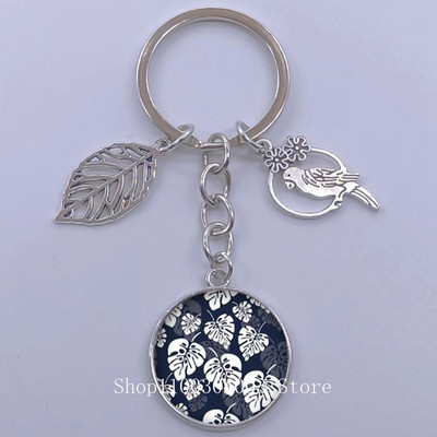 Πράσινα Τροπικά Φύλλα Γυάλινο Κρεμαστό Μπρελόκ Τροπικά Πράσινα Φυτά Φύλλα Γυαλί Cabochon Μπρελόκ Bird Hollow Leaves Μπρελόκ