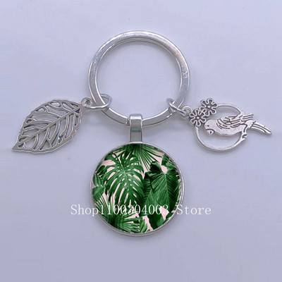 Πράσινα Τροπικά Φύλλα Γυάλινο Κρεμαστό Μπρελόκ Τροπικά Πράσινα Φυτά Φύλλα Γυαλί Cabochon Μπρελόκ Bird Hollow Leaves Μπρελόκ