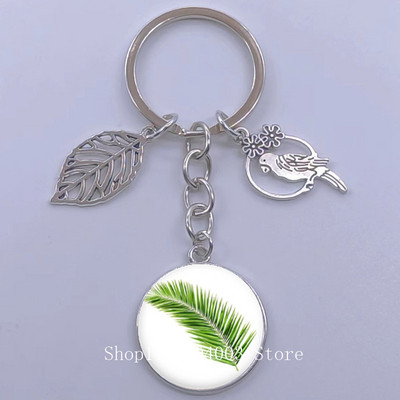 Πράσινα Τροπικά Φύλλα Γυάλινο Κρεμαστό Μπρελόκ Τροπικά Πράσινα Φυτά Φύλλα Γυαλί Cabochon Μπρελόκ Bird Hollow Leaves Μπρελόκ