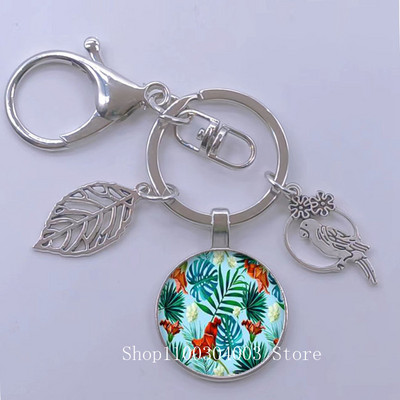 Πράσινα Τροπικά Φύλλα Γυάλινο Κρεμαστό Μπρελόκ Τροπικά Πράσινα Φυτά Φύλλα Γυαλί Cabochon Μπρελόκ Bird Hollow Leaves Μπρελόκ