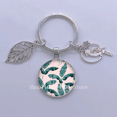 Πράσινα Τροπικά Φύλλα Γυάλινο Κρεμαστό Μπρελόκ Τροπικά Πράσινα Φυτά Φύλλα Γυαλί Cabochon Μπρελόκ Bird Hollow Leaves Μπρελόκ