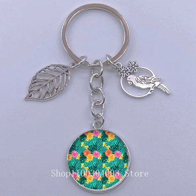 Πράσινα Τροπικά Φύλλα Γυάλινο Κρεμαστό Μπρελόκ Τροπικά Πράσινα Φυτά Φύλλα Γυαλί Cabochon Μπρελόκ Bird Hollow Leaves Μπρελόκ