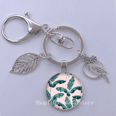 Πράσινα Τροπικά Φύλλα Γυάλινο Κρεμαστό Μπρελόκ Τροπικά Πράσινα Φυτά Φύλλα Γυαλί Cabochon Μπρελόκ Bird Hollow Leaves Μπρελόκ