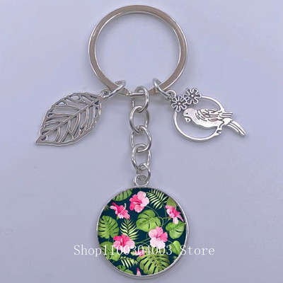 Πράσινα Τροπικά Φύλλα Γυάλινο Κρεμαστό Μπρελόκ Τροπικά Πράσινα Φυτά Φύλλα Γυαλί Cabochon Μπρελόκ Bird Hollow Leaves Μπρελόκ