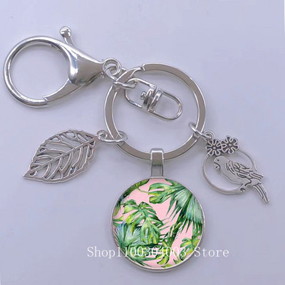 Πράσινα Τροπικά Φύλλα Γυάλινο Κρεμαστό Μπρελόκ Τροπικά Πράσινα Φυτά Φύλλα Γυαλί Cabochon Μπρελόκ Bird Hollow Leaves Μπρελόκ