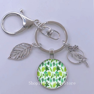 Πράσινα Τροπικά Φύλλα Γυάλινο Κρεμαστό Μπρελόκ Τροπικά Πράσινα Φυτά Φύλλα Γυαλί Cabochon Μπρελόκ Bird Hollow Leaves Μπρελόκ