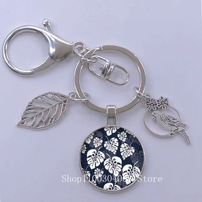 Πράσινα Τροπικά Φύλλα Γυάλινο Κρεμαστό Μπρελόκ Τροπικά Πράσινα Φυτά Φύλλα Γυαλί Cabochon Μπρελόκ Bird Hollow Leaves Μπρελόκ