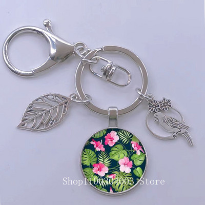 Πράσινα Τροπικά Φύλλα Γυάλινο Κρεμαστό Μπρελόκ Τροπικά Πράσινα Φυτά Φύλλα Γυαλί Cabochon Μπρελόκ Bird Hollow Leaves Μπρελόκ