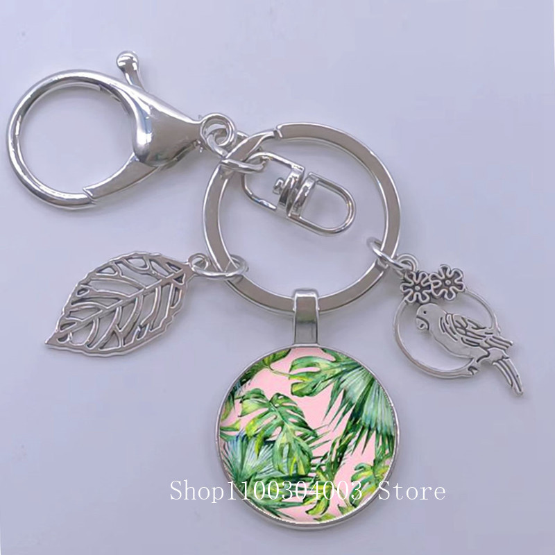 Πράσινα Τροπικά Φύλλα Γυάλινο Κρεμαστό Μπρελόκ Τροπικά Πράσινα Φυτά Φύλλα Γυαλί Cabochon Μπρελόκ Bird Hollow Leaves Μπρελόκ