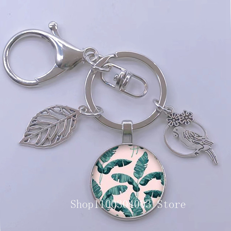 Πράσινα Τροπικά Φύλλα Γυάλινο Κρεμαστό Μπρελόκ Τροπικά Πράσινα Φυτά Φύλλα Γυαλί Cabochon Μπρελόκ Bird Hollow Leaves Μπρελόκ