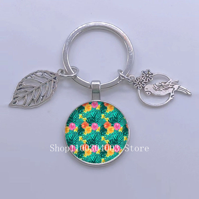 Πράσινα Τροπικά Φύλλα Γυάλινο Κρεμαστό Μπρελόκ Τροπικά Πράσινα Φυτά Φύλλα Γυαλί Cabochon Μπρελόκ Bird Hollow Leaves Μπρελόκ