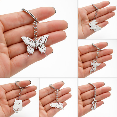 Jisensp Stainless Steel Keychain Cute Animal Series Key Charms Butterfly Rabbit Cat Pendant Keychains Key Ring Accessories Gift