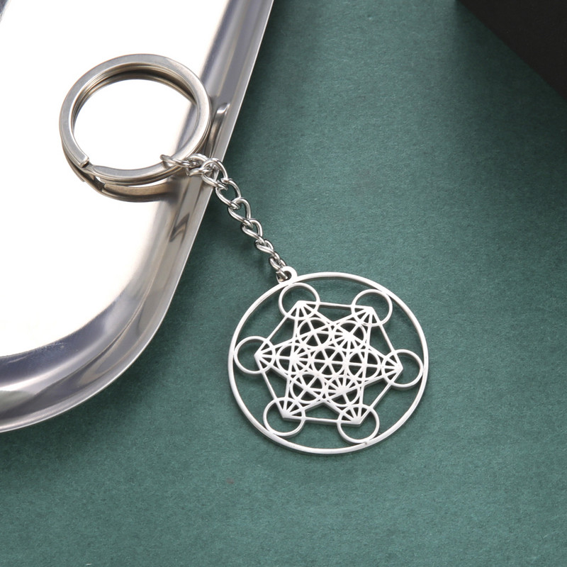 Õõnes roostevabast terasest hõbedane võtmehoidja mood ümmargune Metatron sümboliga ripats võtmehoidja meestele naistele jõulukink
