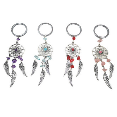 Silver Dream Catcher Keychain Colored Natural Stone Wing Tassel Charms Handmade Pendant Women Men Bag Ornaments Lucky Gifts