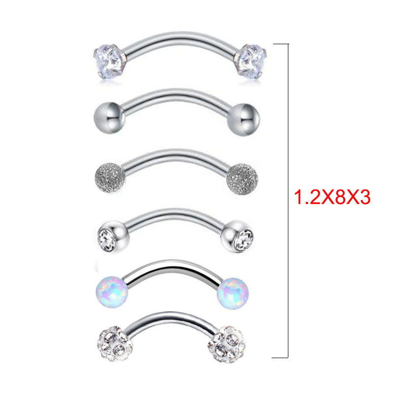 1 db 1,2x8x3 mm 5 stílus ívelt súlyzók szemöldök piercing opál tragus bár testékszerek rozsdamentes acél Helix piercing gyűrű