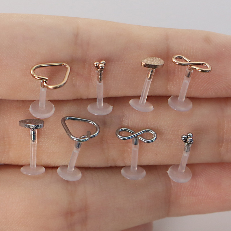 1vnt Bioplast Lankstus 16G 6-10mm įstumiamas Labret lūpų segtukas su prispaudžiamu plieniniu cirkonio ausų kremzlės Tragus auskarų vėrimu kūno papuošalai