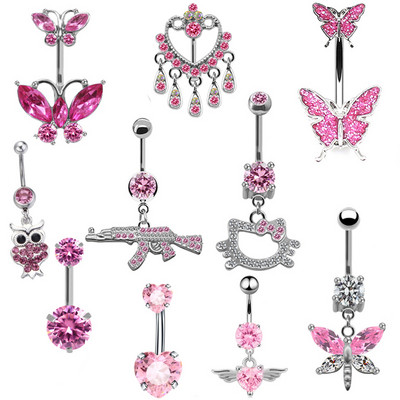 Romantic roz Burtic Piercing Catarama Unghie ombilical Cap de pisica Libelula Pistol Fluture Inele pentru buric Piercing Bijuterii