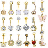 1 komad prstena za trbuh od nehrđajućeg čelika zlatne boje Cvjetno srce CZ kristalno prstenje za pupak Leptir piercing za pupak 14G