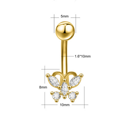 1 komad prstena za trbuh od nehrđajućeg čelika zlatne boje Cvjetno srce CZ kristalno prstenje za pupak Leptir piercing za pupak 14G