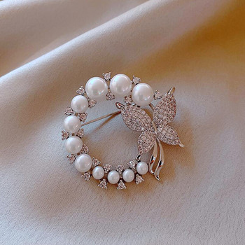 Луксозни кръгли брошки с перли и кристали за жени Модерни елегантни брошки с пеперуди Игли Закопчалки за шал Парти Сватбени подаръци