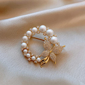 Луксозни кръгли брошки с перли и кристали за жени Модерни елегантни брошки с пеперуди Игли Закопчалки за шал Парти Сватбени подаръци