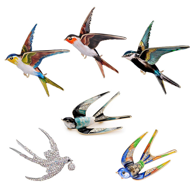 Mados kregždės paukštis Kalnų krištolas sagė Gražios sagės smeigtukai moterims Spalvingi krištoliniai segtukai skarelei puokštė Papuošalai