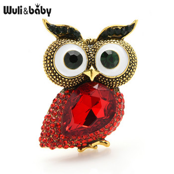Wuli&baby Crystal Big Eyes Owl Брошки за жени Classice Blue Red Owl Bird Party Ежедневни брошки Игли Новогодишни подаръци