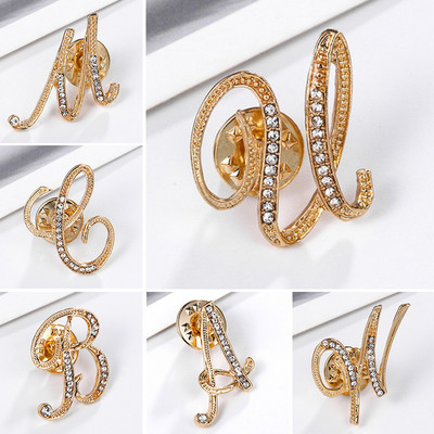 New Rhinestone Crystal Brooches Gold Color 26 English Letters Lapel Pin Shirt Dress Badge Fashion Jewelry for Women Accessories