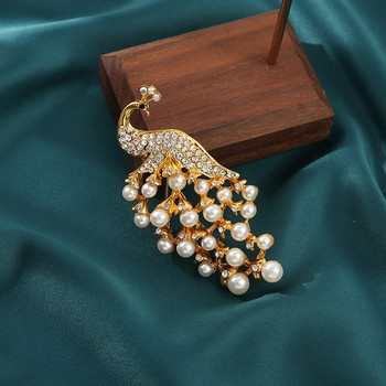 Винтидж луксозна паунова брошка за жени Метални кристални игли за яка Модни ретро перли Брошки с кристали Аксесоари за бижута