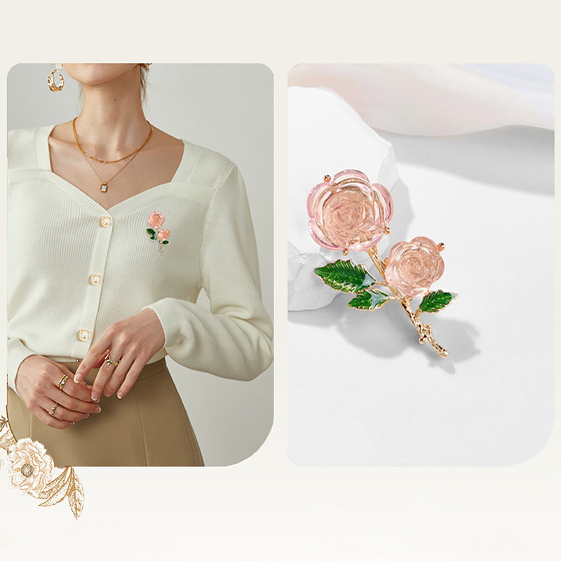 Dervos rožių gėlė sagė emaliuota Moteriška permatoma žalia lapų gėlė ženkleliai atlapų segtukai vakarėliui Valentino dienos papuošalai Dovana