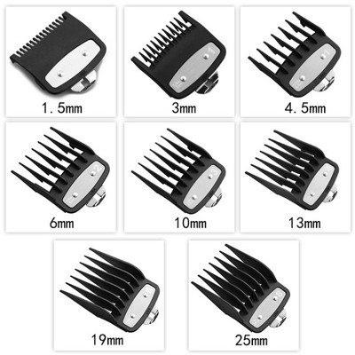 Plaukų kirpimo mašinėlės ribinės šukos kreiptuvo priedo dydis Kirpėjo pakeitimas 1,5/3/4,5/6/10/13/19/25/mm 8 vnt. rinkinys, skirtas Kemei KM-1990 PG1990