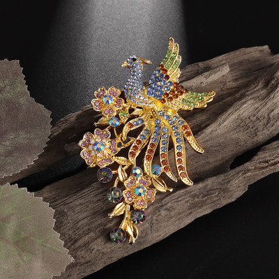 Μόδα Ένθετη πολύχρωμη καρφίτσα κίσσας με ένθετη ζιργκόν για γυναίκες Αξεσουάρ φόρεμα για δείπνο κοσμήματα Peacock Phoenix Brooch