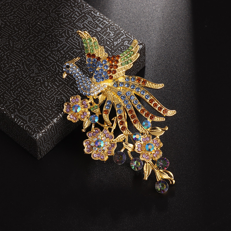 Μόδα Ένθετη πολύχρωμη καρφίτσα κίσσας με ένθετη ζιργκόν για γυναίκες Αξεσουάρ φόρεμα για δείπνο κοσμήματα Peacock Phoenix Brooch